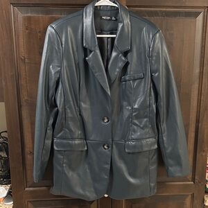 Nasty gal navy faux leather single breasted long blazer jacket size 6